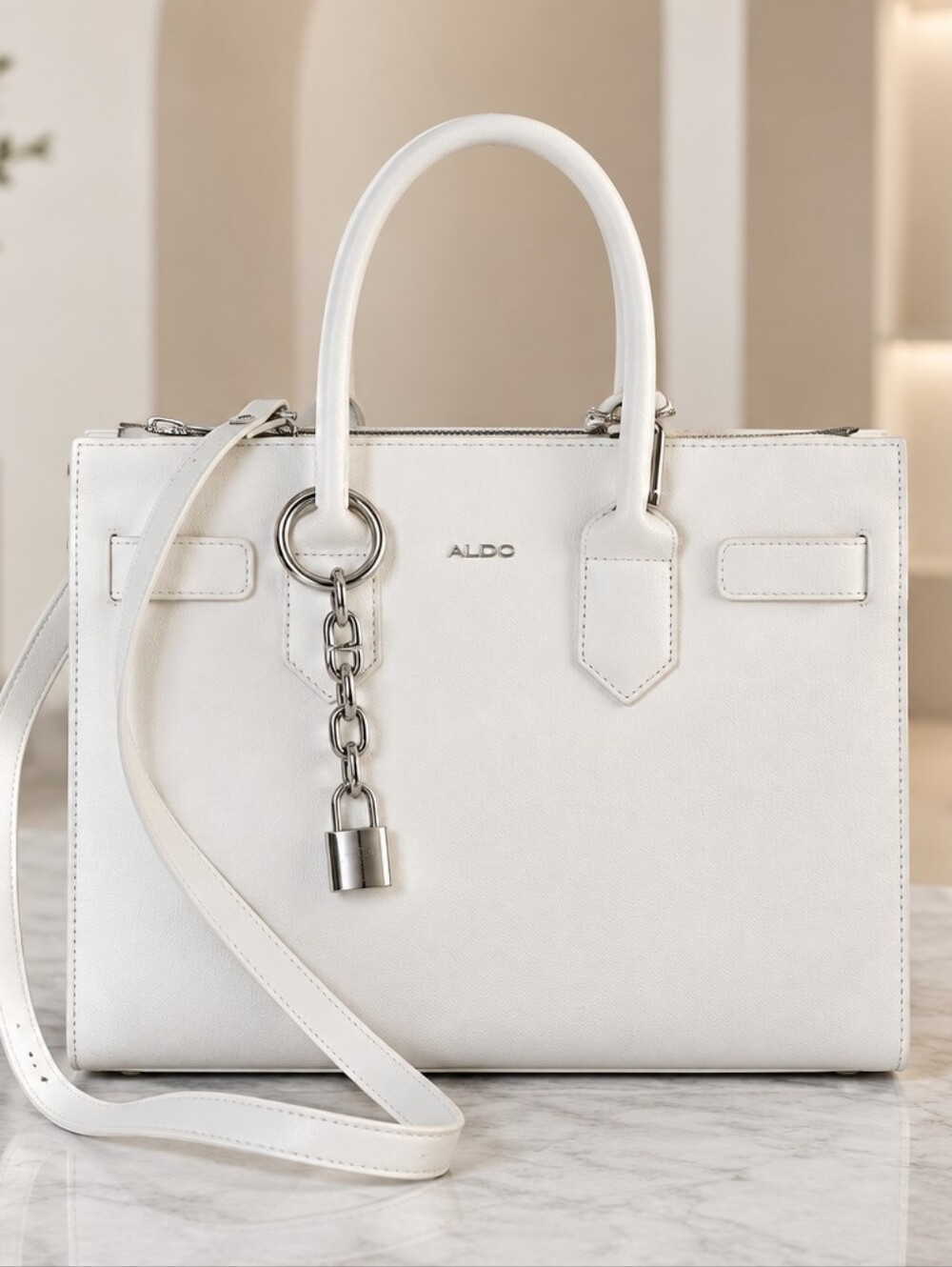 Aldo White Leather Tote with Silver Chain Lock